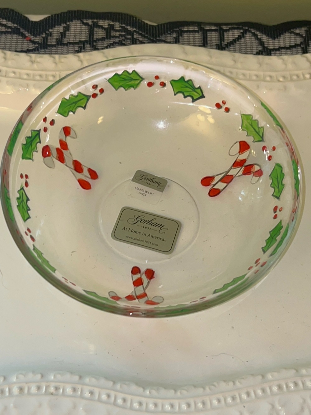 Gorham Winter Follies hand-painted candy cane crystal glass candy dish